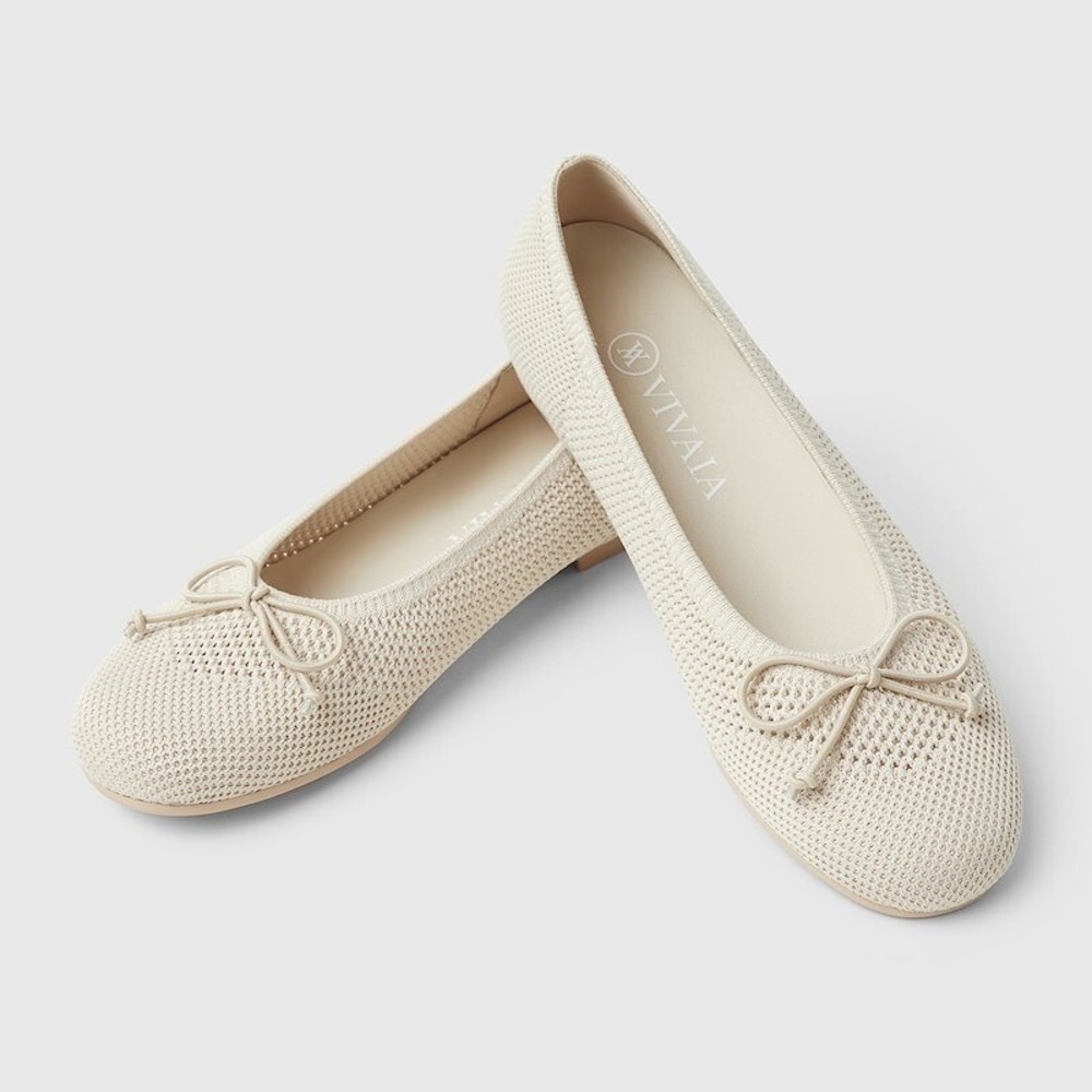 VIVAIA Beige Knit Bow Ballet Flats Almond Toe Comfort Shoes EU 40 US 9